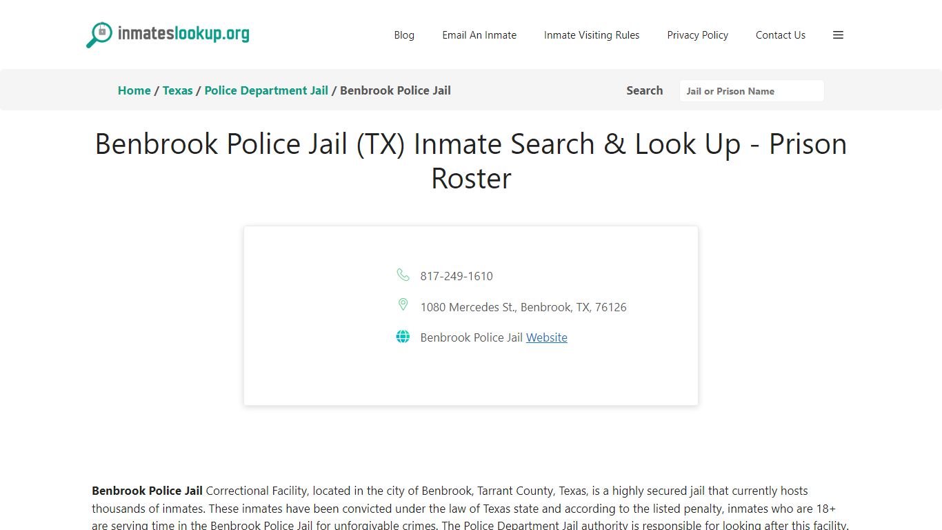 Benbrook Police Jail (TX) Inmate Search & Look Up - Prison Roster